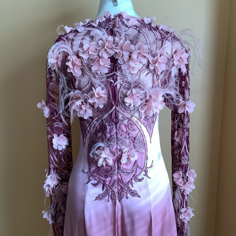 LOVEMATTERS Matthew Donnelly Pink Silk Floral Appliqué Jumpsuit Small 6 Mesh - Picture 7 of 16